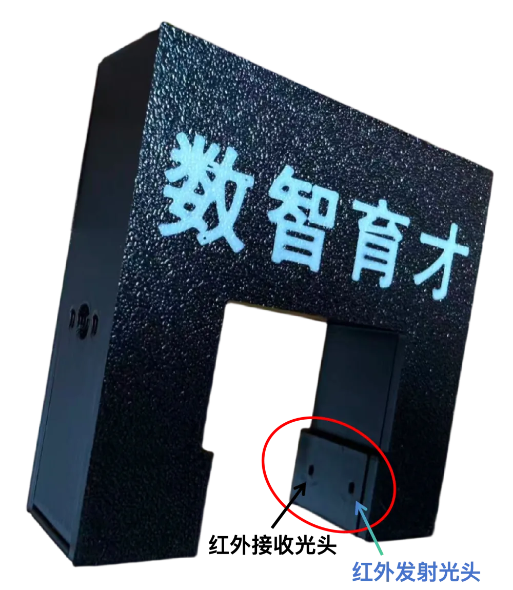 带外壳的双头光电门实物结构图，红圈标出红外光头位置