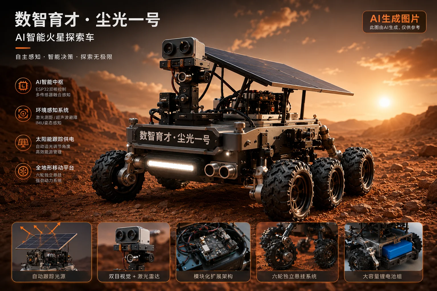 数智育才尘光一号 AI 智能火星探索车整车与部件示意